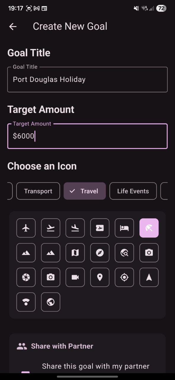 DreamTogether app interface for adding new financial savings goals