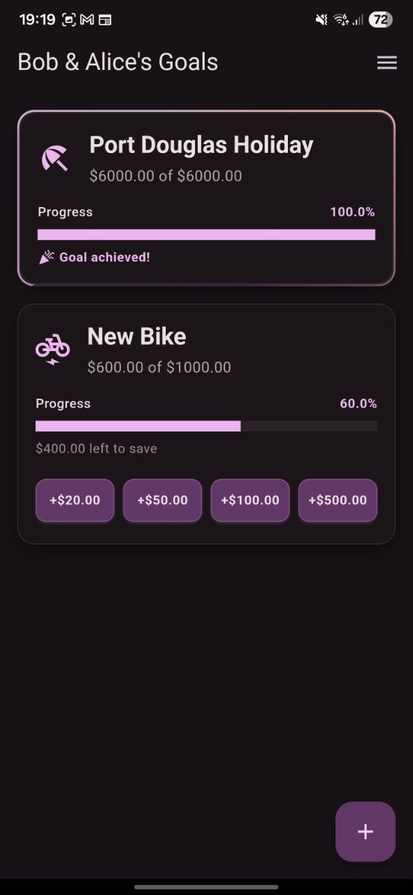 DreamTogether app home screen showing couples savings goals dashboard